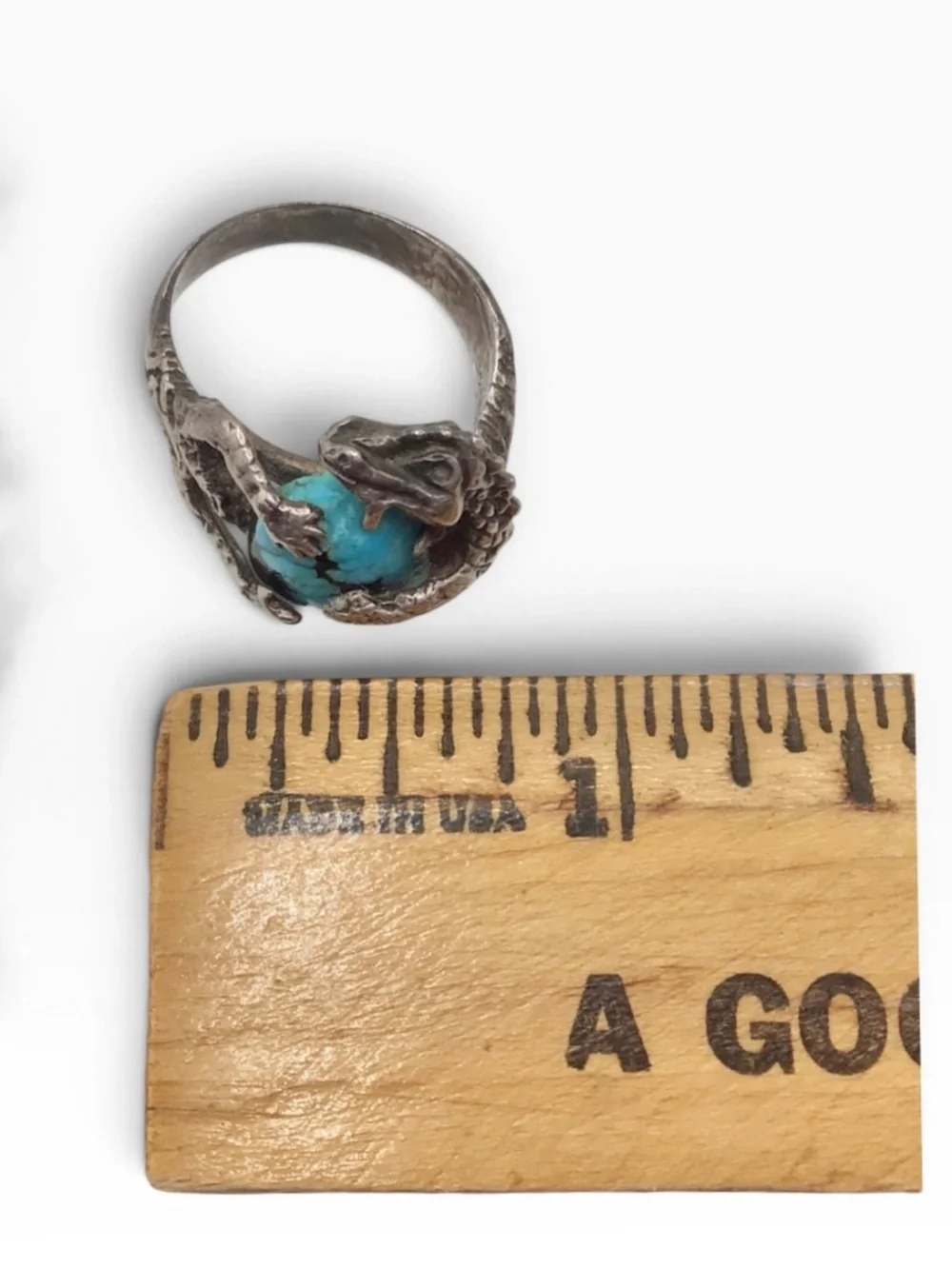 Size 8.5 Vintage Sterling Silver Dragon Turquoise Ring, Figural Dragon Claw